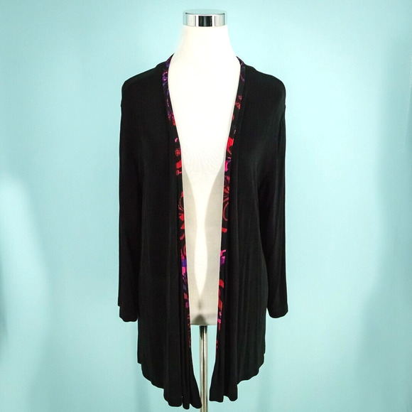 Chico's 3 Size XL Travelers Black Pink Print Trim Open 3/4 Sleeve Knit Cardigan - Picture 1 of 6